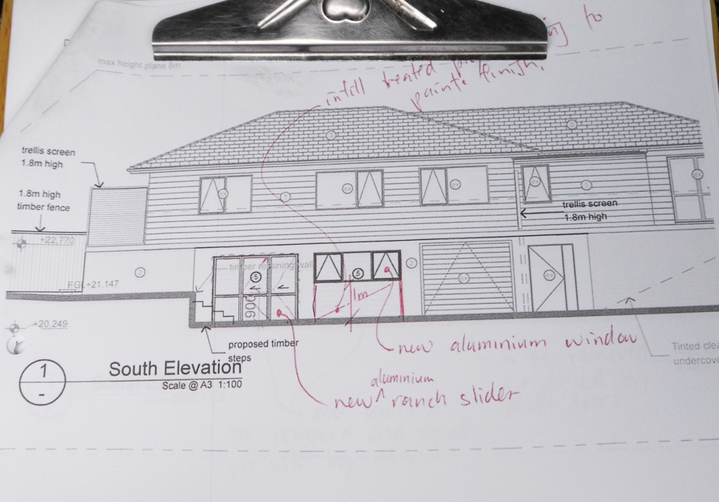 Architectural plans with notes for the removal and acquisition of garage doors from Mahia Road, Manurewa